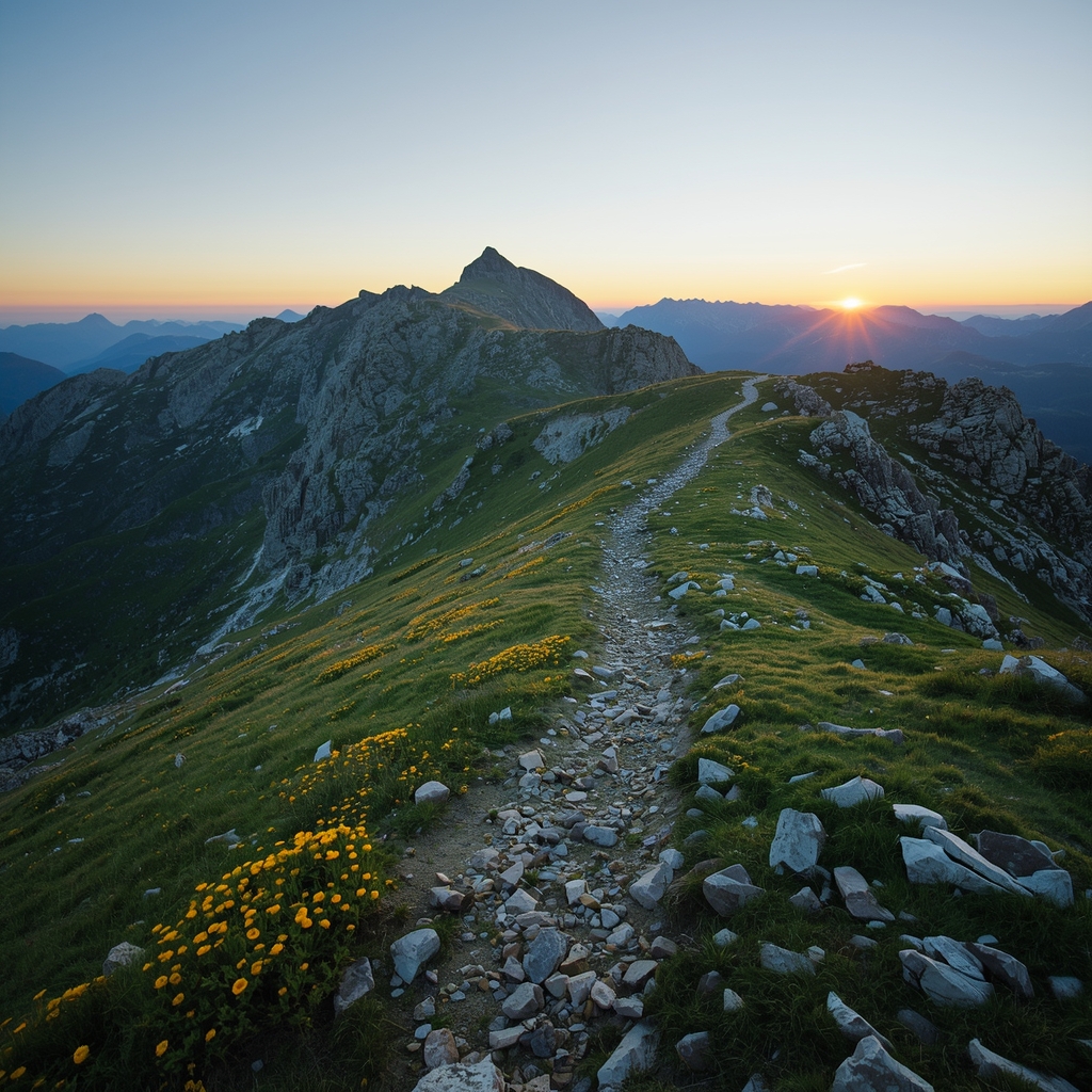 A rugged mountain trail winding through alpine meadows and rocky summits at dawn, no people, scenic adventure landscape